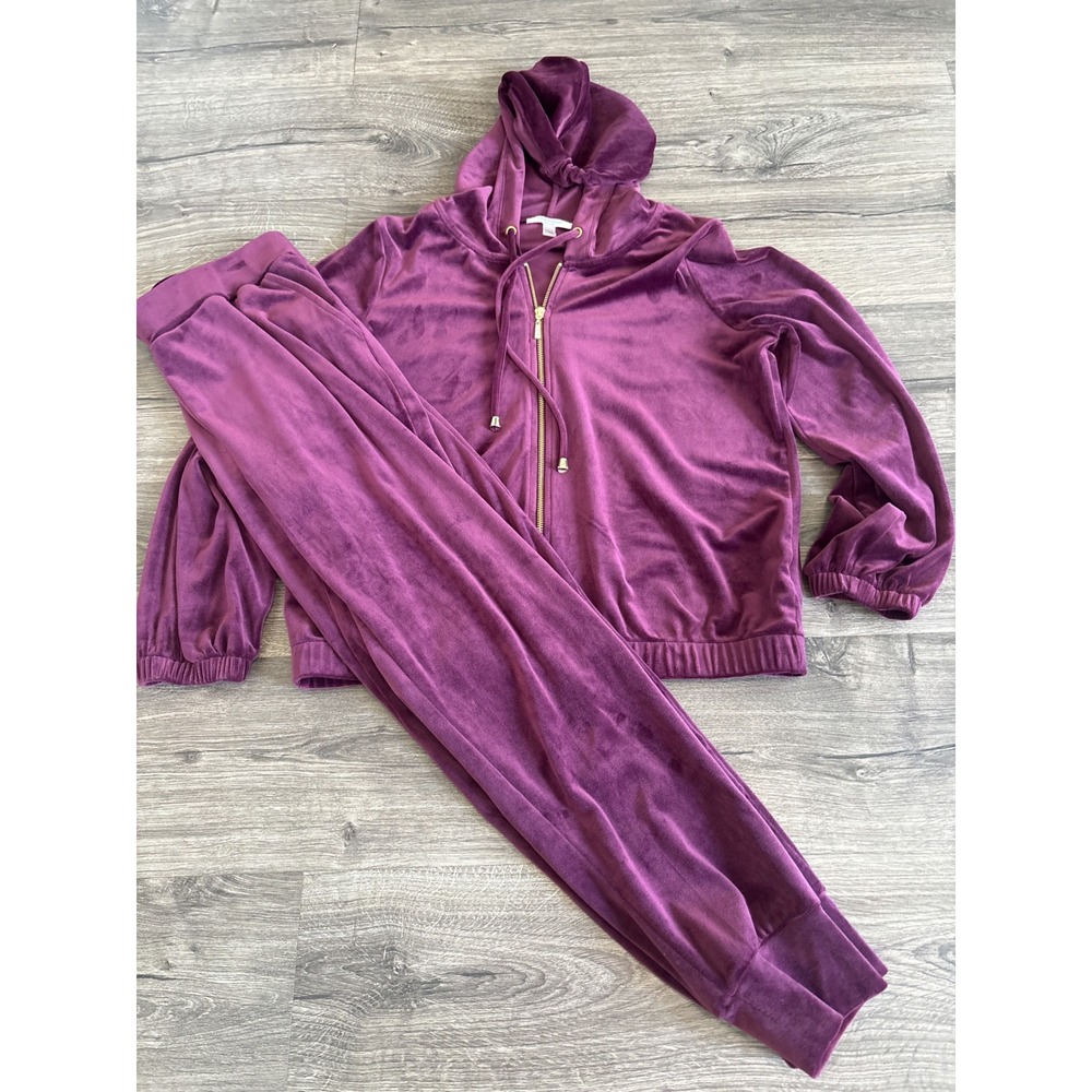 Cable & Gauge Studio Purple Velour Tracksuit Set Zip Hoodie Joggers Womens Med